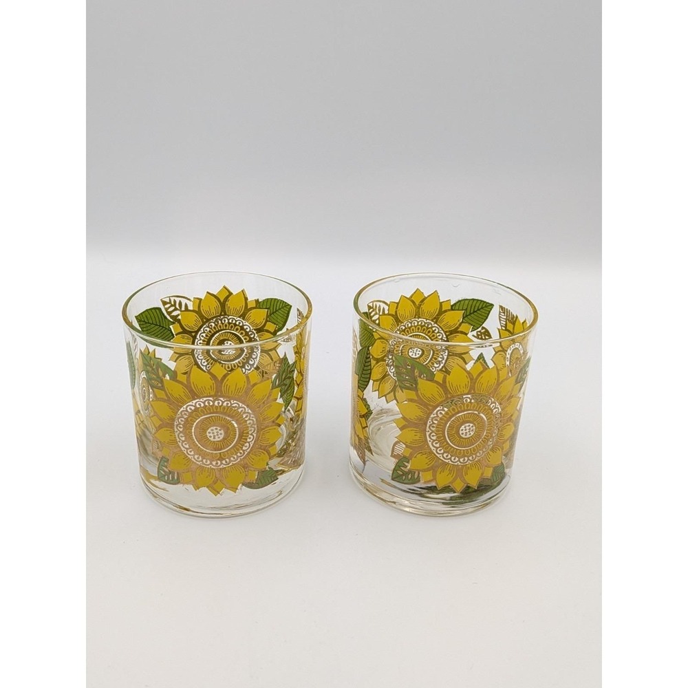 Rare Set Of 2 Vintage Georges Briard Sunflower Gold Leaf Lowball Glasses, 3.5"